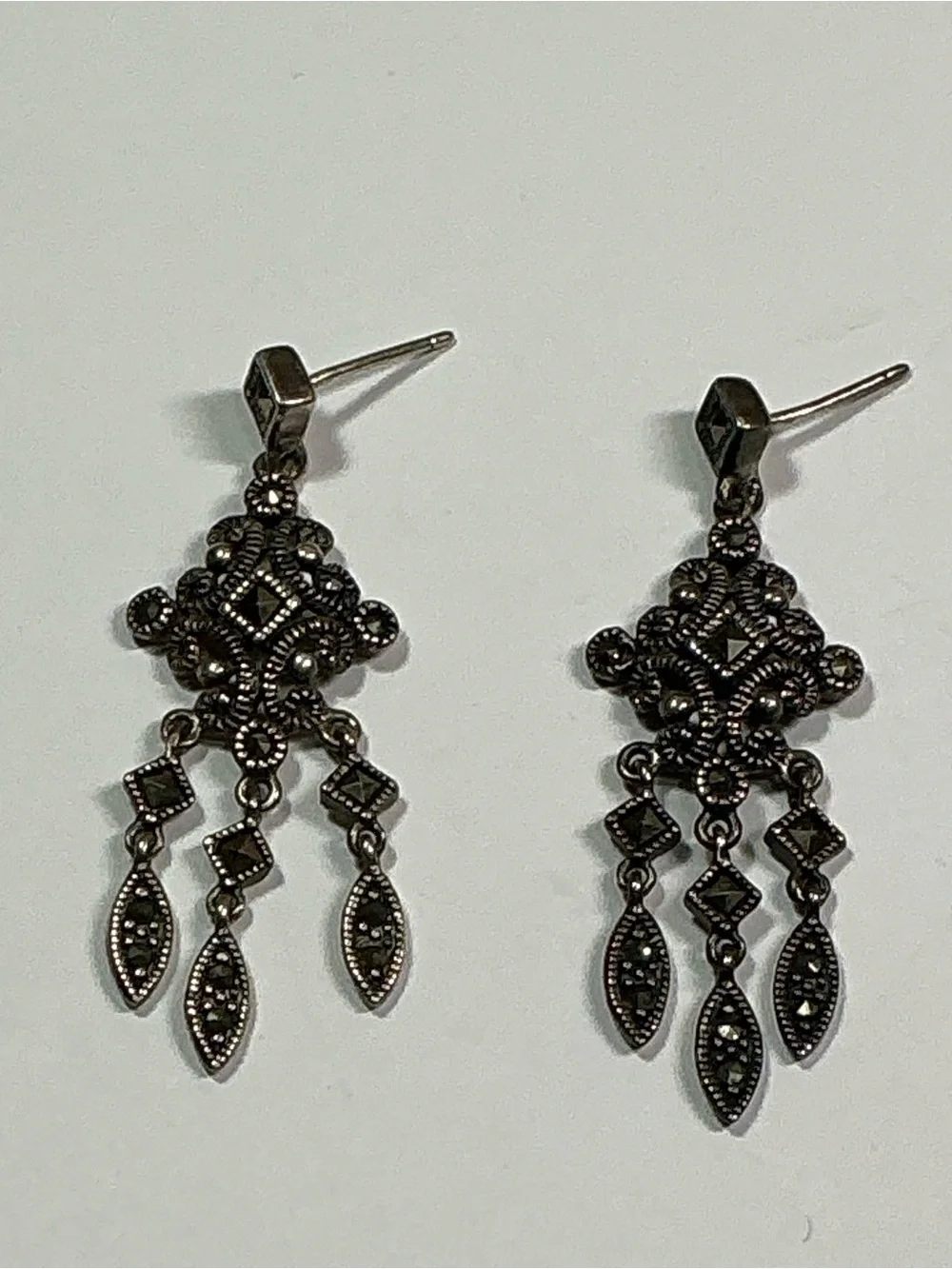 Sterling Silver Chandelier Style Dangle Earrings with Marcasite. 1.75” long